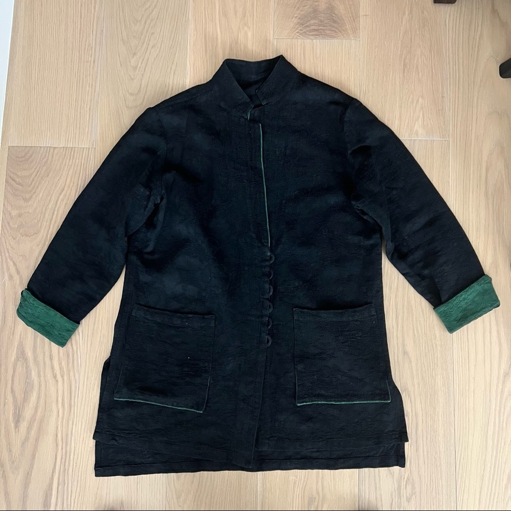 Unique boutique black short coat green accents buttons size large chic cute